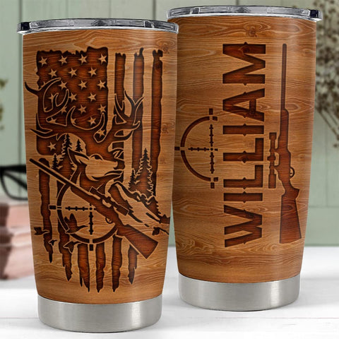 Image of Personalized Hunting Tumbler Wood Style American Flag Tumbler